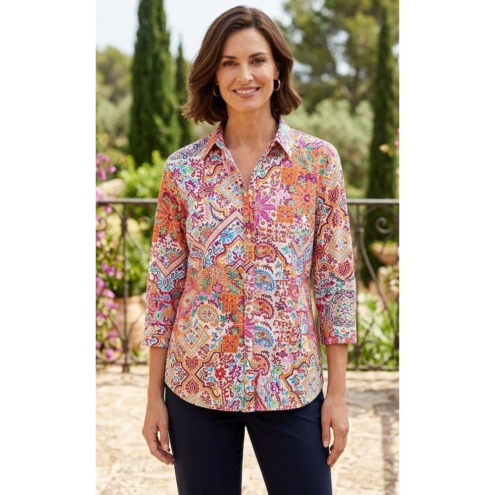 Lauren Ralph Lauren Paisley Patchwork Button Up 3/4 Sleeve Shirt Womens XL Tunic